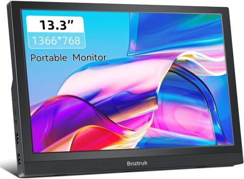 Bnztruk Hordozható Monitor 13,3 hüvelykes hordozható monitor HDMI kis külső HD 1366 x 768 képernyővel HDMI-hez laptop PS4 Xbox számítógép Raspberry Pi-hez, 60 Hz, PC 16:9, Karcsú 