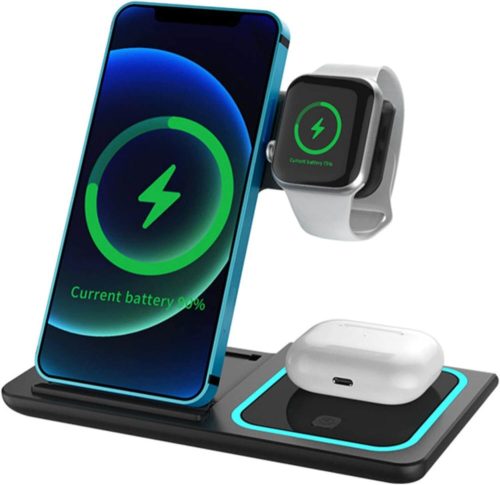 I4MORI 3 az 1-ben Gyors Vezeték nélküli Töltőállomás - iPhone, Samsung, Apple Watch és AirPods számára (Fekete)
