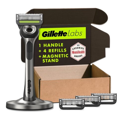 GilletteLabs Exfoliáló Borotva Szett Férfiaknak - 1 Nyél, 4 Penge, Mágneses Állvánnyal