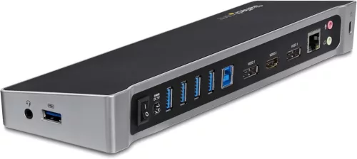 StarTech USB 3.2 Triple Display Dokkoló, 2x DisplayPort, HDMI, 4K 30Hz, 5x USB, Gyors Töltés, Gigabites Ethernet, Audio, Fekete Ezüst