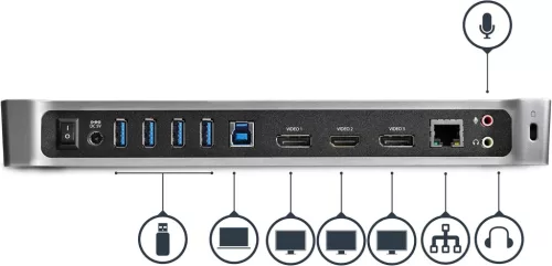 StarTech USB 3.2 Triple Display Dokkoló, 2x DisplayPort, HDMI, 4K 30Hz, 5x USB, Gyors Töltés, Gigabites Ethernet, Audio, Fekete Ezüst