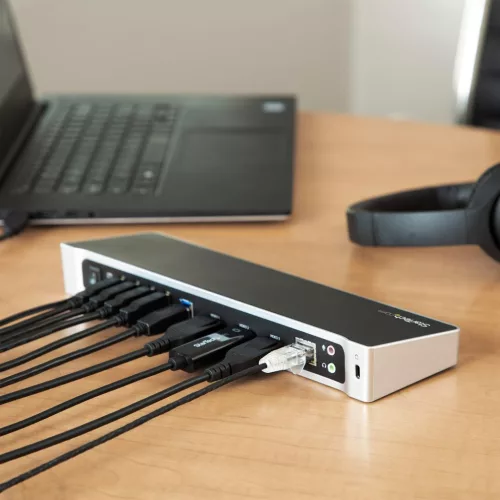 StarTech USB 3.2 Triple Display Dokkoló, 2x DisplayPort, HDMI, 4K 30Hz, 5x USB, Gyors Töltés, Gigabites Ethernet, Audio, Fekete Ezüst