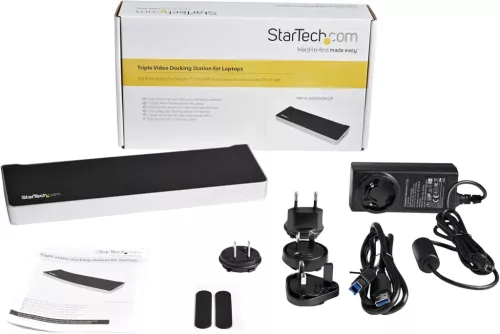 StarTech USB 3.2 Triple Display Dokkoló, 2x DisplayPort, HDMI, 4K 30Hz, 5x USB, Gyors Töltés, Gigabites Ethernet, Audio, Fekete Ezüst