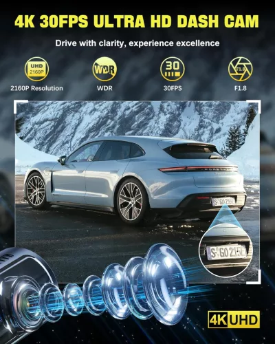 AQV 4K Elülső és Hátsó Autós Kamera WiFi-vel és 64GB SD Kártyával