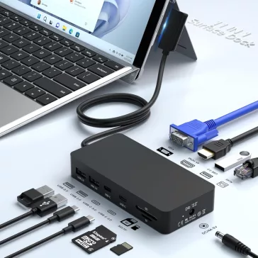   Yeemie Pro Microsoft Surface Pro 11 Az 1-Ben Dokkoló, HDMI 4K 60Hz, VGA, RJ45 Ethernet, USB 3.0, USB-C PD 60W, SD/TF Kártyaolvasó, 5 Gbit/s Adatátvitel