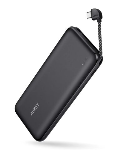 Aukey PB-N73C 10,000mAh 18W vékony hordozható töltő beépített USB-C kábellel, 2 portos PD gyors töltéssel