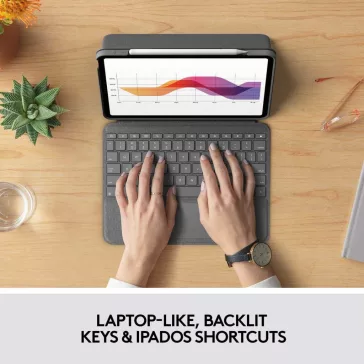   Logitech Folio Touch Billentyűzet Tok, iPad Air 4/5 / 11” (M2/M3), Touchpad, Háttérvilágított Billentyűk, Scissor Switch, 78 Gomb, Smart Connector, Állítható Támasz, Grafitszürke
