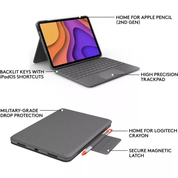 Logitech Folio Touch Billentyűzet Tok, iPad Air 4/5 / 11” (M2/M3), Touchpad, Háttérvilágított Billentyűk, Scissor Switch, 78 Gomb, Smart Connector, Állítható Támasz, Grafitszürke Logitech Folio Touch Billentyűzet Tok, iPad Air 4/5 / 11” (M2/M3), Touchpad, Háttérvilágított Billentyűk, Scissor Switch, 78 Gomb, Smart Connector, Állítható Támasz, Grafitszürke