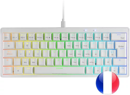 Mars Gaming MKMINIPROWBF R Mechanikus Billentyűzet, 60%, 61 Gomb, AZERTY Francia, Blue Switch, Hot-Swap, RGB Chroma, USB 2.0, USB-C, Fehér