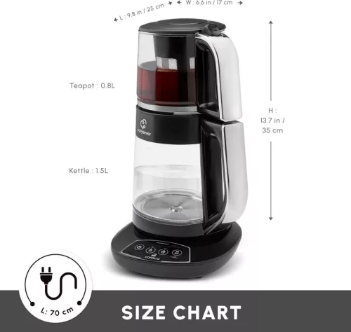 KARACA Caysever Török Teakészítő, Elektromos Teafőző, 1.5 L Vízforraló, 0.8 L Üveg Teáskanna Szűrővel, 1700 W, 230 V, Hangos Értesítés, Ezüst