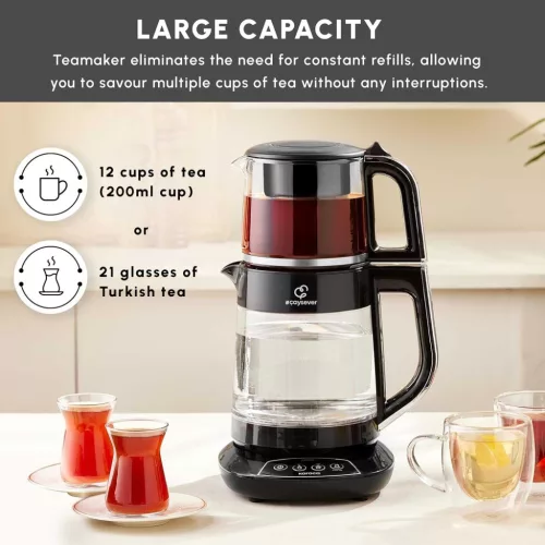 KARACA Caysever Török Teakészítő, Elektromos Teafőző, 1.5 L Vízforraló, 0.8 L Üveg Teáskanna Szűrővel, 1700 W, 230 V, Hangos Értesítés, Ezüst