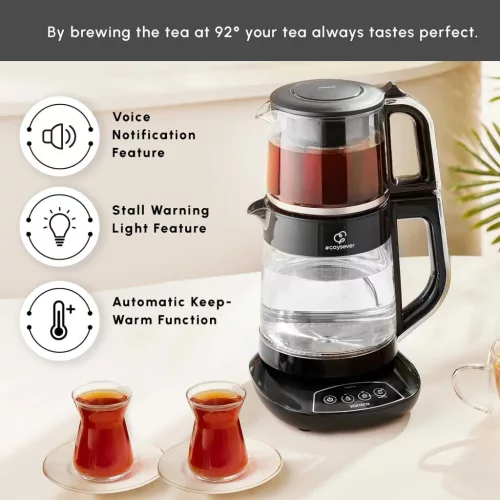 KARACA Caysever Török Teakészítő, Elektromos Teafőző, 1.5 L Vízforraló, 0.8 L Üveg Teáskanna Szűrővel, 1700 W, 230 V, Hangos Értesítés, Ezüst