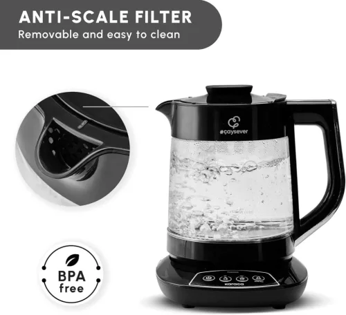 KARACA Caysever Török Teakészítő, Elektromos Teafőző, 1.5 L Vízforraló, 0.8 L Üveg Teáskanna Szűrővel, 1700 W, 230 V, Hangos Értesítés, Ezüst