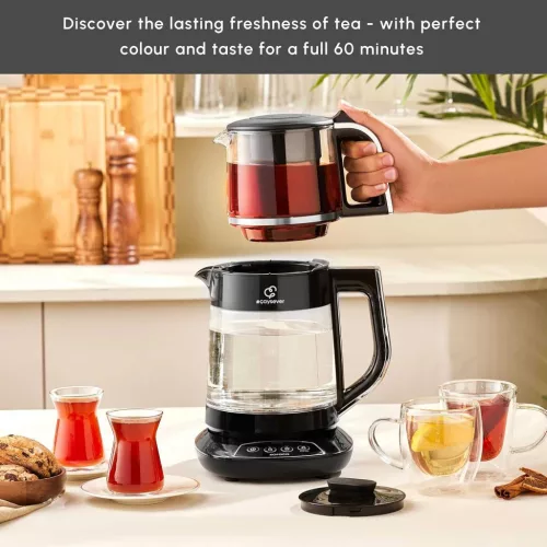 KARACA Caysever Török Teakészítő, Elektromos Teafőző, 1.5 L Vízforraló, 0.8 L Üveg Teáskanna Szűrővel, 1700 W, 230 V, Hangos Értesítés, Ezüst