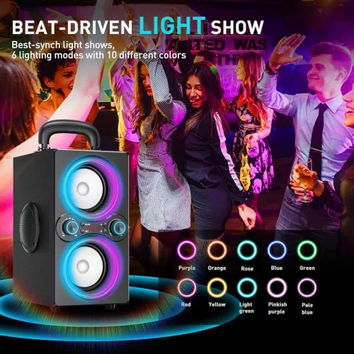 TPBEAT TP-BA-02 Hordozható Bluetooth Hangszóró, 80W Csúcsteljesítmény, 2.1 Sztereó, 4 Hangszóró, Bass Boost, LED Fény, TWS, USB, AUX, Fekete