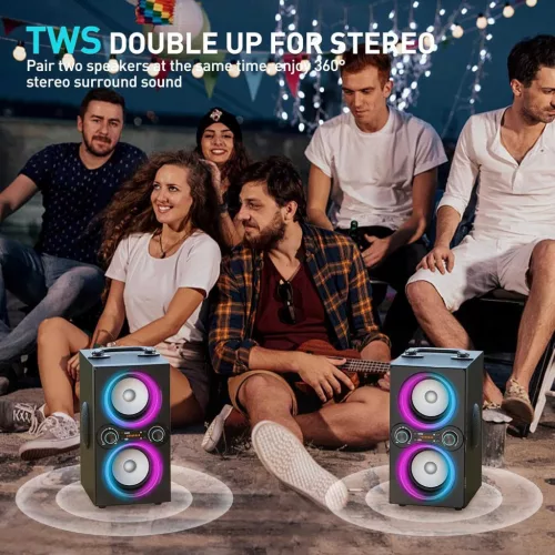 TPBEAT TP-BA-02 Hordozható Bluetooth Hangszóró, 80W Csúcsteljesítmény, 2.1 Sztereó, 4 Hangszóró, Bass Boost, LED Fény, TWS, USB, AUX, Fekete