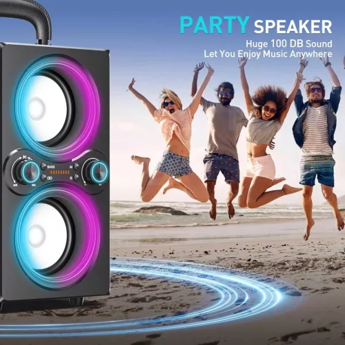 TPBEAT TP-BA-02 Hordozható Bluetooth Hangszóró, 80W Csúcsteljesítmény, 2.1 Sztereó, 4 Hangszóró, Bass Boost, LED Fény, TWS, USB, AUX, Fekete
