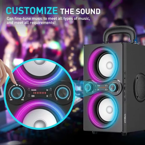 TPBEAT TP-BA-02 Hordozható Bluetooth Hangszóró, 80W Csúcsteljesítmény, 2.1 Sztereó, 4 Hangszóró, Bass Boost, LED Fény, TWS, USB, AUX, Fekete