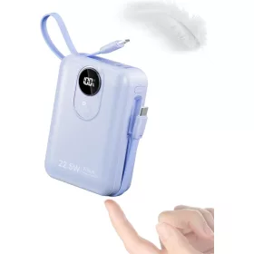   Powelephant Power Bank, 20000 mAh, 22.5 W Gyors Töltés, Beépített Type-C És Lightning Kábel, 4 Kimenet, 2 Bemenet, Lithium Polymer, Kék