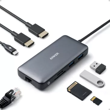   Anker PowerExpand 8-in-1 USB-C Hub A8380, 2X HDMI, 4K 30Hz, Dual Display, 2X USB-A 5 Gbps, SD, MicroSD, USB-C PD 100W, Ezüst