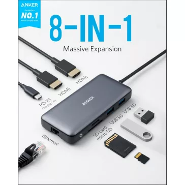  Anker PowerExpand 8-in-1 USB-C Hub A8380, 2X HDMI, 4K 30Hz, Dual Display, 2X USB-A 5 Gbps, SD, MicroSD, USB-C PD 100W, Ezüst