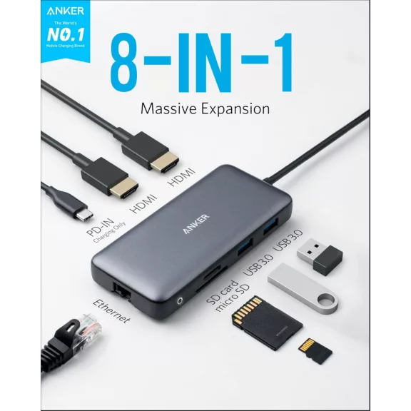Anker PowerExpand 8-in-1 USB-C Hub A8380, 2X HDMI, 4K 30Hz, Dual Display, 2X USB-A 5 Gbps, SD, MicroSD, USB-C PD 100W, Ezüst