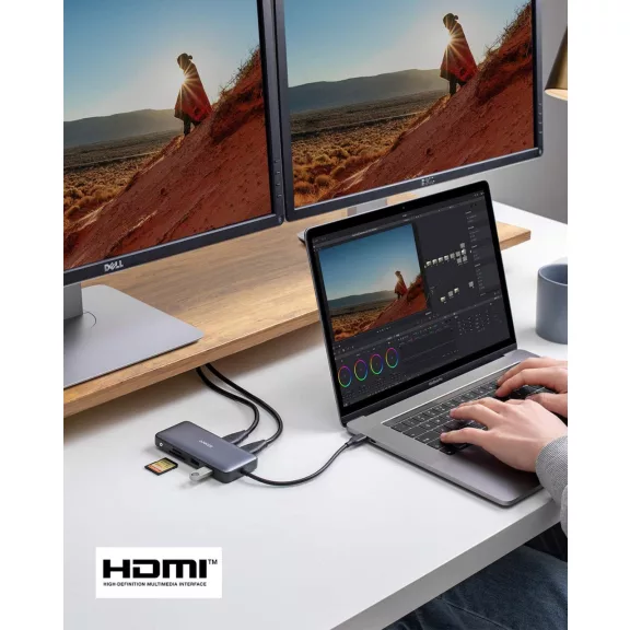 Anker PowerExpand 8-in-1 USB-C Hub A8380, 2X HDMI, 4K 30Hz, Dual Display, 2X USB-A 5 Gbps, SD, MicroSD, USB-C PD 100W, Ezüst