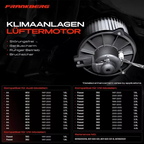 Frankberg Utastér Ventilátor, Audi A4 (B5) 8D2, 1.6-2.8, A4 Avant 8D5 B5 1.6-2.8 1997-2001, 12 V, 2000 1/min, 6 Pólus, Beépített Szabályzó, Fém