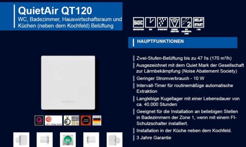 Airflow QT120T Kiváló Csendes Ventilátor, 2 Sebesség, Automatikus Indítás, Időzítő, 120mm, 32 dB, 47 L/s