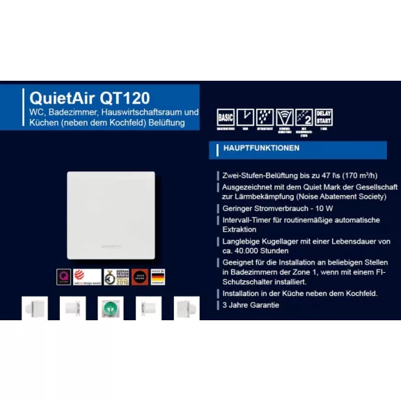 Airflow QT120T Kiváló Csendes Ventilátor, 2 Sebesség, Automatikus Indítás, Időzítő, 120mm, 32 dB, 47 L/s