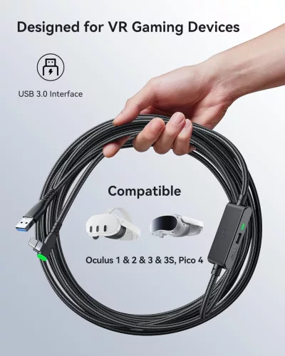 INIU 4,9m USB-C Link Kábel Meta Quest 3s/Oculus Quest 2/Pro, Pico 4, Steam VR, Adatátvitel, 2,5 Gbps, Fekete