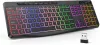 TECURS WK007 Vezeték Nélküli Billentyűzet, 2.4G, QWERTY UK, Teljes Méret, Csendes Membrán, LED Háttérvilágítás, Újratölthető Akkumulátor, Fekete
