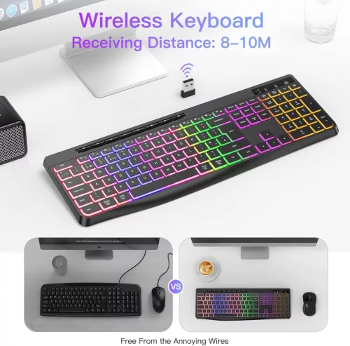 TECURS WK007 Vezeték Nélküli Billentyűzet, 2.4G, QWERTY UK, Teljes Méret, Csendes Membrán, LED Háttérvilágítás, Újratölthető Akkumulátor, Fekete