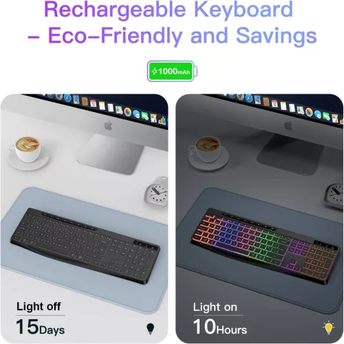 TECURS WK007 Vezeték Nélküli Billentyűzet, 2.4G, QWERTY UK, Teljes Méret, Csendes Membrán, LED Háttérvilágítás, Újratölthető Akkumulátor, Fekete