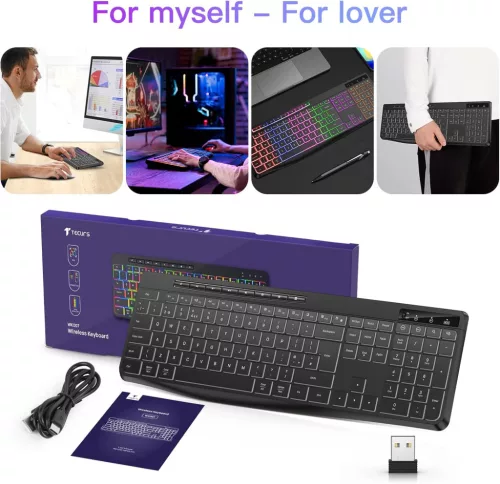 TECURS WK007 Vezeték Nélküli Billentyűzet, 2.4G, QWERTY UK, Teljes Méret, Csendes Membrán, LED Háttérvilágítás, Újratölthető Akkumulátor, Fekete