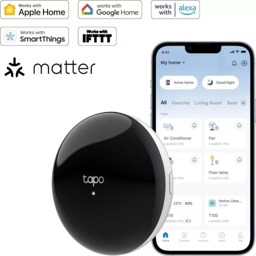 Tapo H110 Infra Okos Hub, Matter Kompatibilis, 18 Eszköztípus, 8000 Márka, WLAN 2.4 GHz, Tapo Szenzor Hub, Hangvezérlés, Távvezérlés, Geokerítés, Offline Vezérlés, Fekete