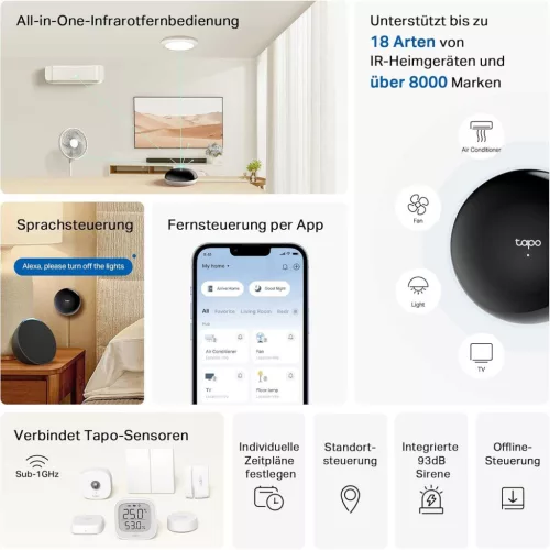 Tapo H110 Infra Okos Hub, Matter Kompatibilis, 18 Eszköztípus, 8000 Márka, WLAN 2.4 GHz, Tapo Szenzor Hub, Hangvezérlés, Távvezérlés, Geokerítés, Offline Vezérlés, Fekete