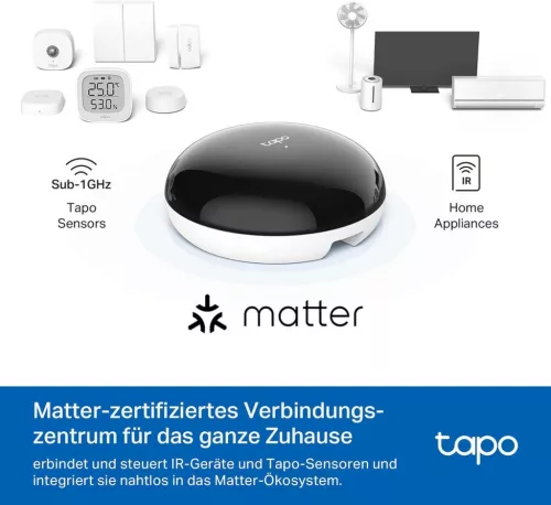Tapo H110 Infra Okos Hub, Matter Kompatibilis, 18 Eszköztípus, 8000 Márka, WLAN 2.4 GHz, Tapo Szenzor Hub, Hangvezérlés, Távvezérlés, Geokerítés, Offline Vezérlés, Fekete