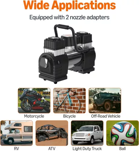 Amazon Basics AC010178C Hordozható Digitális Kompresszor, 12V, Két Hengeres, 8,3bar, 60 L/perc, 50 L Kapacitás, LED Fény, Auto Kikapcsolás, 5 m Tömlő, Akkucsipesz, Táska, Fekete Piros