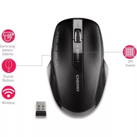   CHERRY MW 2310 2.0 Vezeték Nélküli Egér, 2,4 GHz RF, 10 m Hatótáv, 6 Gomb, Optikai Szenzor, 1000-2400 DPI, USB Nano Vevő, Kétkezes, Fekete