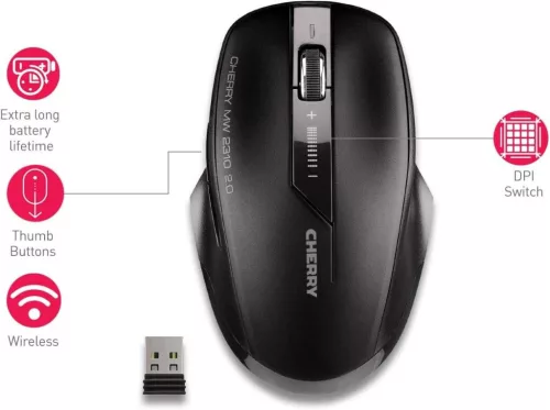 CHERRY MW 2310 2.0 Vezeték Nélküli Egér, 2,4 GHz RF, 10 m Hatótáv, 6 Gomb, Optikai Szenzor, 1000-2400 DPI, USB Nano Vevő, Kétkezes, Fekete
