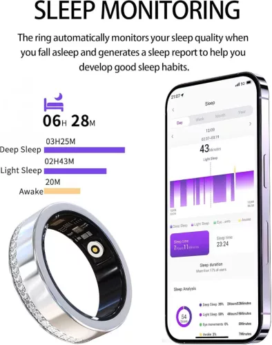 CNBRO JYV8FS Smart Ring, 9-es Méret, Rozsdamentes Acél, Android iOS Kompatibilis, Pulzusmérő, Alvásmonitor, Pedométer, Kalóriaszámláló, Bluetooth, Ezüst
