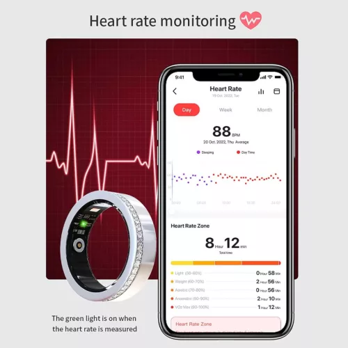 CNBRO JYV8FS Smart Ring, 9-es Méret, Rozsdamentes Acél, Android iOS Kompatibilis, Pulzusmérő, Alvásmonitor, Pedométer, Kalóriaszámláló, Bluetooth, Ezüst