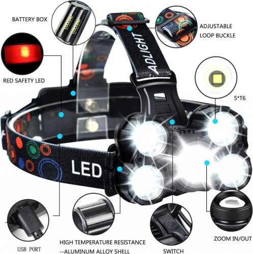 COOLEAD 5 LED-es, 10000 Lumenes Fejlámpa, Vízálló, Állítható, Újratölthető Akkumulátorokkal, Fekete