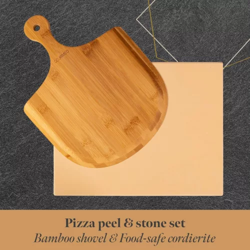 GOURMEO 38x30 cm-es Cordierit Pizza Kő Készlet Bambusz Lapáttal