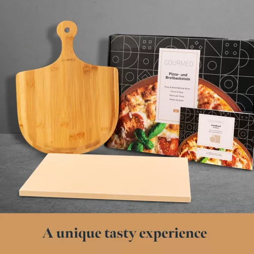 GOURMEO 38x30 cm-es Cordierit Pizza Kő Készlet Bambusz Lapáttal