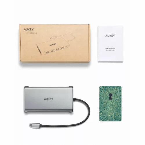 AUKEY CBC78 12 az 1-ben USB-C Hub – Gigabites Ethernet, Kettős 4K HDMI, VGA, Ezüst