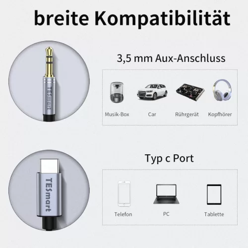 TESmart Prémium Type C - 3.5mm Audio Adapter Aux Kábel (1 méter)