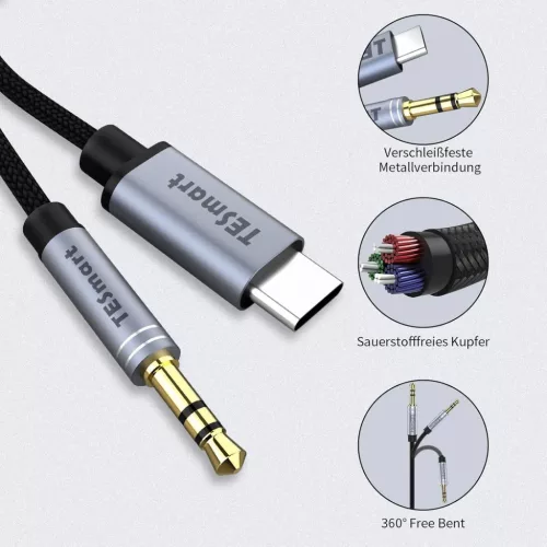 TESmart Prémium Type C - 3.5mm Audio Adapter Aux Kábel (1 méter)