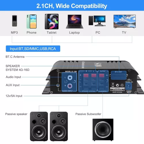 Facmugo Bluetooth Audio Erősítő S188 2.1CH 40Wx2+50W Hi-Fi